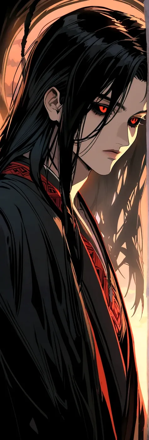 Black haired, long hair , 3 bangs, male , a black crown floating above head , red eyes , black sclera , black kimono , with a sythe , shaman artstyle 