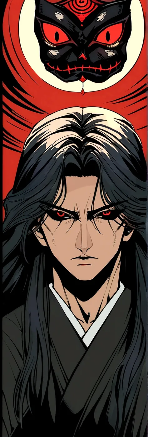 Black haired, long hair , 3 bangs, male , a black crown floating above head , red eyes , black sclera , black kimono , with a sythe , shaman artstyle 