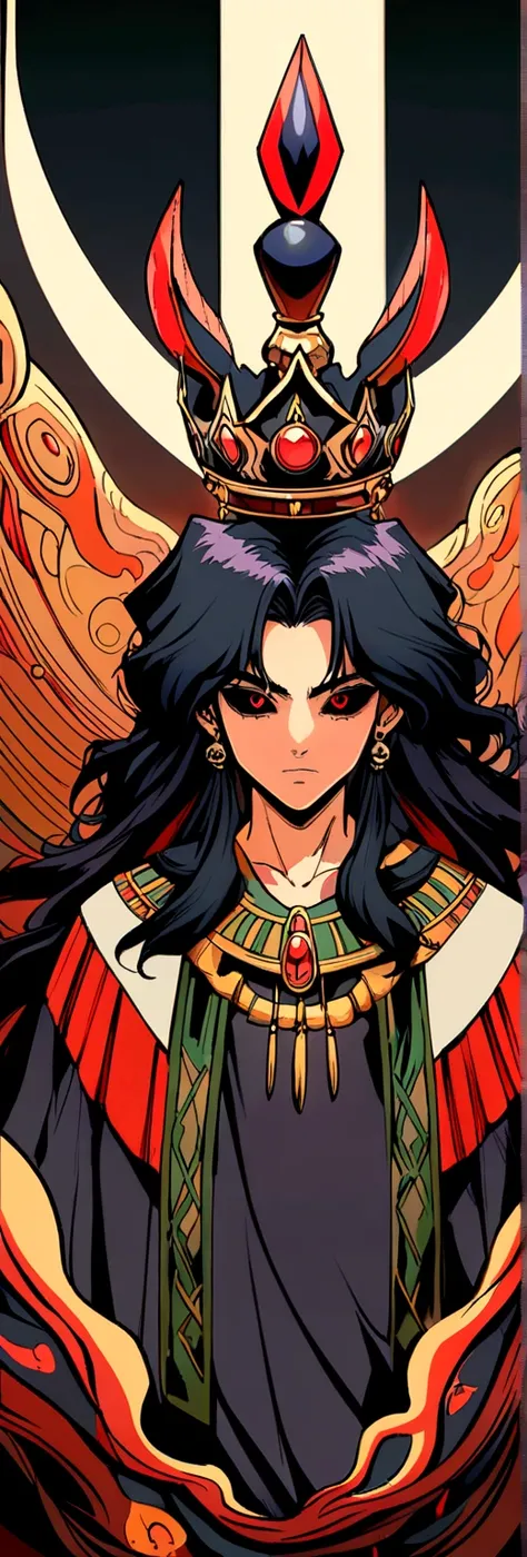 Black haired, long hair , 3 bangs, male , a black crown floating above head , red eyes , black sclera , black kimono , with a sythe , shaman artstyle 