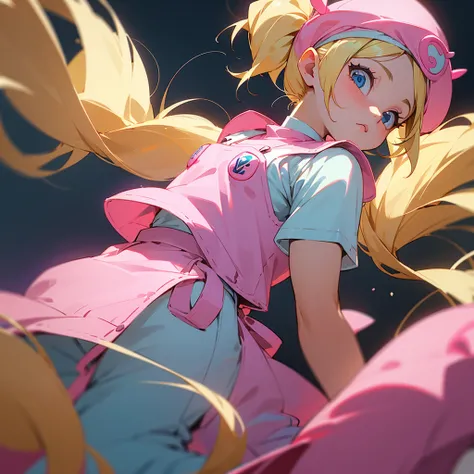 1 adult girl, blue eyes, Blonde, hair in two pigtails, pink vests, pink dress with white overalls, a pink hat on her head, in a calm and sweet environment, photography as for social media profile, Dragon Ball Z style and design, especially in the eyes