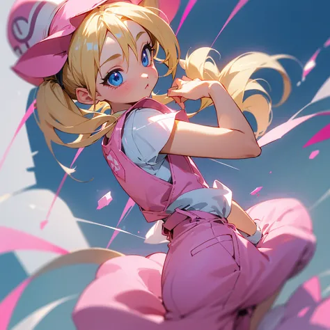 1 adult girl, blue eyes, Blonde, hair in two pigtails, pink vests, pink dress with white overalls, a pink hat on her head, in a calm and sweet environment, photography as for social media profile, Dragon Ball Z style and design, especially in the eyes