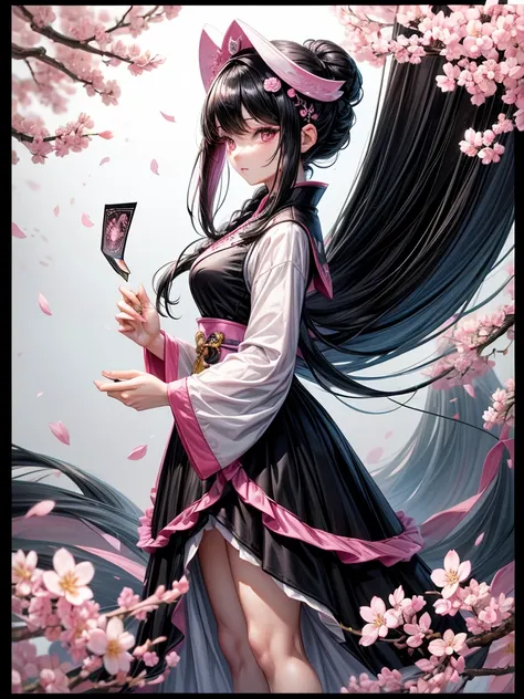 best quality, character design sheet, adult woman、No hat on, Black and pink hair, whole body, Head to Toe, Fortuneteller、Standing facing forward, Beautiful black dress, long Black Hair, Pure white background, from front, best quality, Cherry blossom patter...