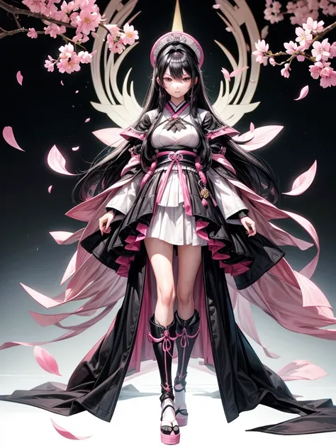 best quality, character design sheet, adult woman、No hat on, Black and pink hair, whole body, Head to Toe, Fortuneteller、Standing facing forward, Beautiful black dress, long Black Hair, Pure white background, from front, best quality, Cherry blossom patter...