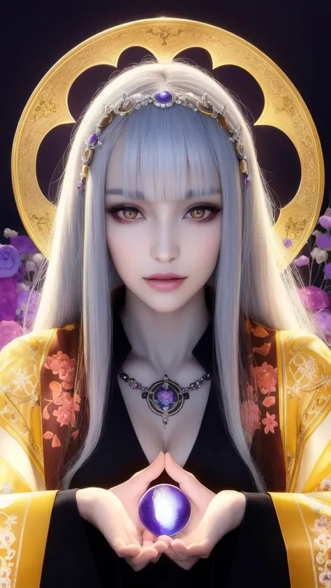 (masterpiece, top quality, 1 female, solo, exquisite details, chromatic aberration), (realistic), (skin), ((breathing)), (silver hair, blunt bangs, cropped straight long hair, short bangs, silver hair), beautiful hair, red headdress, highlights, hair on on...