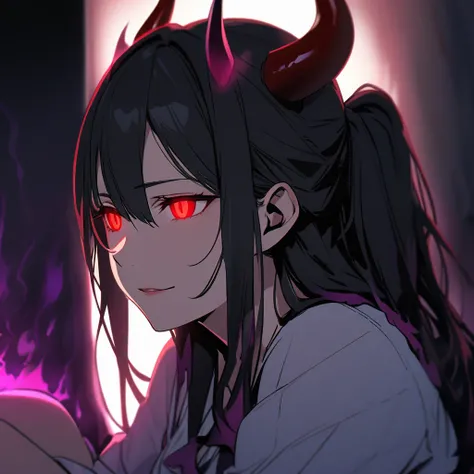 girl, ponytail. dark aura, devil horn, red eyes, glowing eyes, black hair, long hair, relaxing face, mature