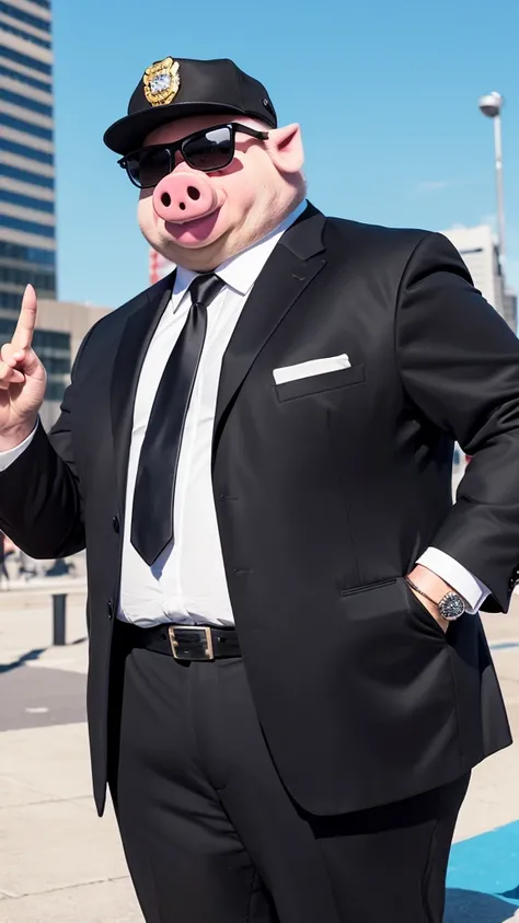 a cartoon pig wearing a suit and sunglasses, pig pig pig, pig in a tuxedo, piggy, It looks very cool and stylish, gang, hybrid of pig and nyc policeman, pig, a pig, man bear pig, porky pig, Corporate Boss, pigs, masterpiece, He is wearing a suit, Big Boss,...