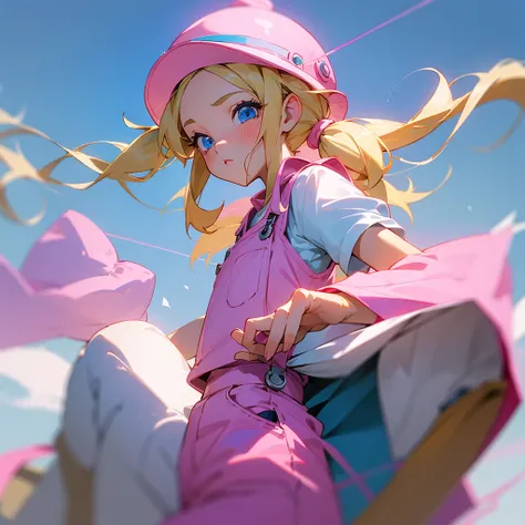 1 adult girl, blue eyes, Blonde, hair in two pigtails, pink vests, pink dress with white overalls, a pink hat on her head, in a calm and sweet environment, photography as for social media profile, Dragon Ball Z style and design, especially in the eyes