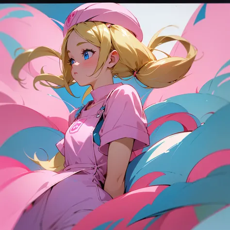 1 adult girl, blue eyes, Blonde, hair in two pigtails, pink vests, pink dress with white overalls, a pink hat on her head, in a calm and sweet environment, photography as for social media profile, Dragon Ball Z style and design, especially in the eyes