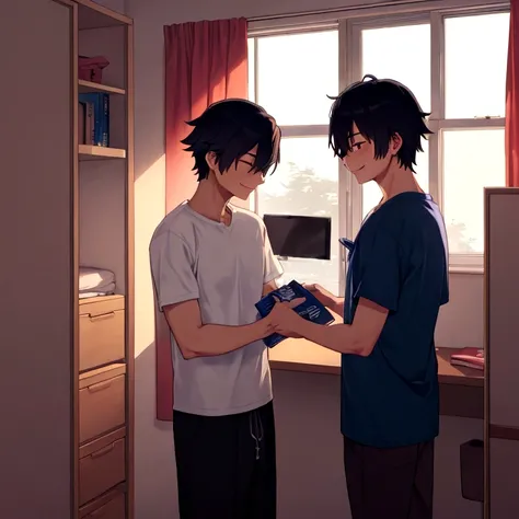 Kenji is in a college dorm, unpacking your things. A roommate, Takashi, enter and smile friendly.