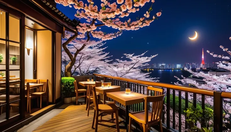 Tokyo at night, balcony of a cafe with a calm atmosphere, night view, night cherry blossoms, crescent moon and shining stars, chairs and tables, ornamental plants,