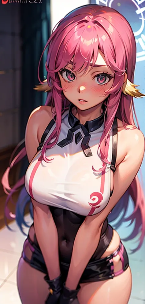 Jibril, (standing straight), blushed, perfect anatomy, detailed eyes, detailed lips, extremely detailed eyes and face, vivid colors, sharp focus, masterpiece:1.2, ultra-detailed, blushed, ((doggystyle)), (solo), sleeveless, fashion.