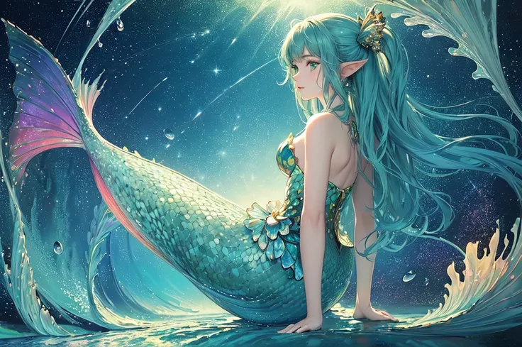 (masterpiece, top quality, best quality, impressionistic style, official art, captivating aesthetic:1.2),(1 girl:1.3), (fractal art:1.3), side profile, gazing towards viewer, swirling patterns,(mermaid tail hair, iridescent hair, half blue and green tail:1...