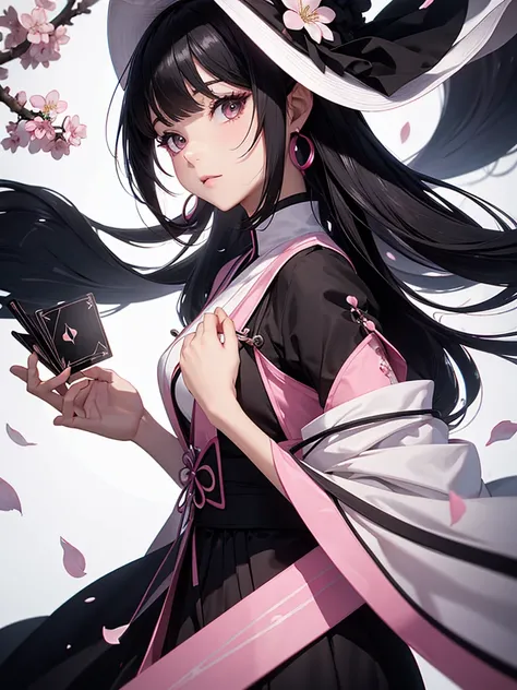 best quality, character design sheet, adult woman、No hat on, Black and pink hair, whole body, Head to Toe, Fortuneteller、Standing facing forward, Beautiful black dress, long Black Hair, Pure white background, from front, best quality, Cherry blossom patter...