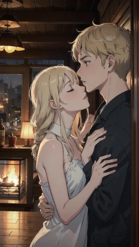 ((best quality)), ((masterpiece)), (detailed), one girl with long blond hair kiss one muscle blond guy, view from side on scene, passionate kiss, cozy atmosphere, cozy lighting