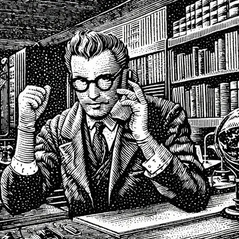 (Black and white woodcut:1.5)、(Second floor in black and white.)、foreground, dark and sinister atmosphere、profile face of a scientist with dark glasses, pompadur pompadour hair, wide lapels covering half the face, wearing gloves and holding your fist close...