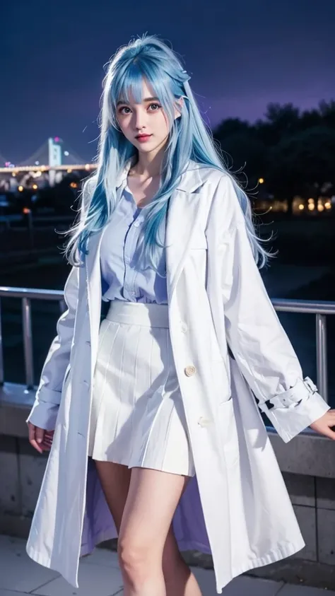 girl cute ((lightblue hair)) long hair (split bangs) violet eyes ((white shirt)) ((black long coat)) ((purple skirt)) outdoor park winter night cityscape illumination stars moon smile