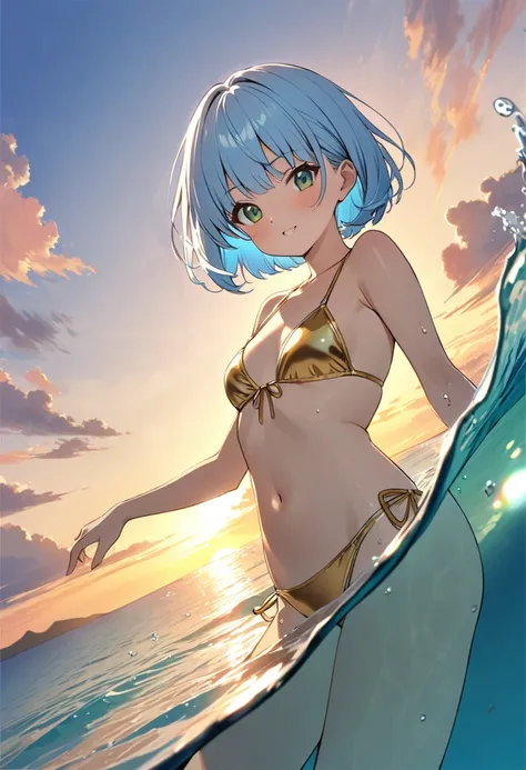 Light blue hair、Short Bob、Deep green eyes、Small breasts、20 years old,waikiki Beach、Golden bikini,enjoy playing in the sea,shoot from below,sunset