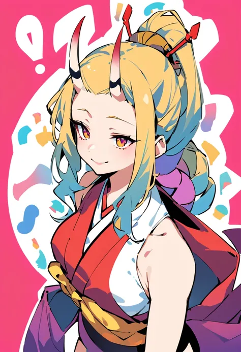 punctuation_9,punctuation_8_High above,punctuation_7_High above,punctuation_6_High above, Yamato (one piece), 1 girl, standing alone, Japanese clothing, multicolored hair, jewerly, aretes, sleeveless kimono, hair ornament, kimono, curled horns, long hair, ...