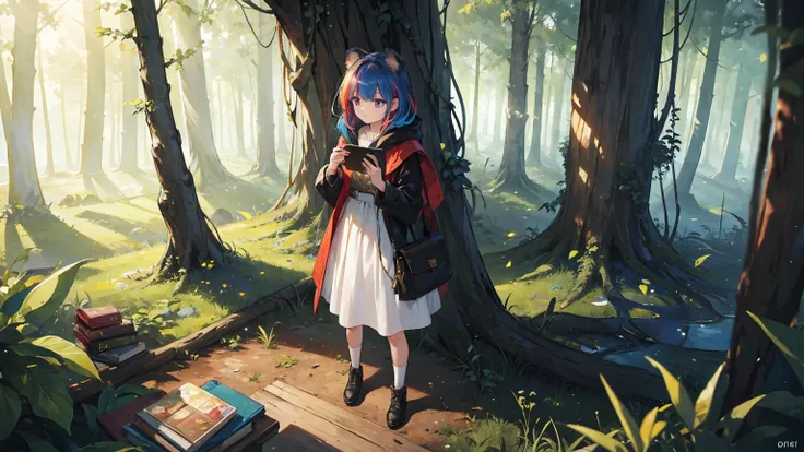 (masterpiece, best quality), (rich and colorful:1.4), from above, Solitary, 1A girl standing in an ancient forest，Where the trees whisper secrets，Animals speak human language, With a bag of magical forest fruits and a forgotten book of spells, Depth of Fie...