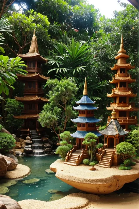 The fish tank has a sand waterfall, a small stupa tree, a pagoda and a bridge