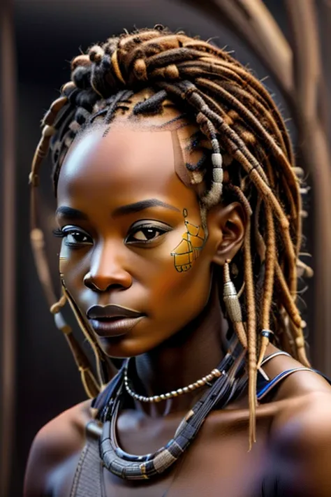 1 African woman, 30 years old, pretty face, dreadlocks, hyperrealistic, ultra detailed face and body, realistic representation