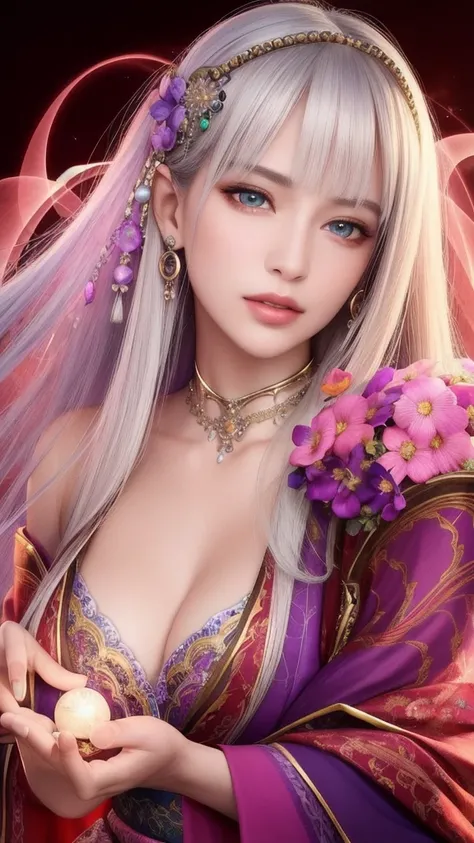 (masterpiece, top quality, 1 female, solo, exquisite details, chromatic aberration), (realistic), (skin), ((breathing)), (silver hair, blunt bangs, cropped straight long hair, short bangs, silver hair), beautiful hair, red headdress, highlights, hair on on...