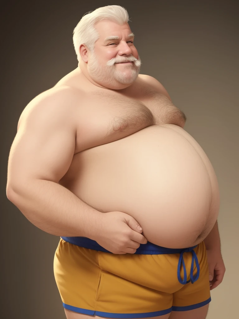 a smiling obese old man, chubby:1.2, big fat, detailed realistic portrait, 8k high resolution, topless, sumo physique, side view, perfect center, full view, realistic skin texture, wrinkled face, short hair, thick mustache, white hair, bearded, jovial expr...