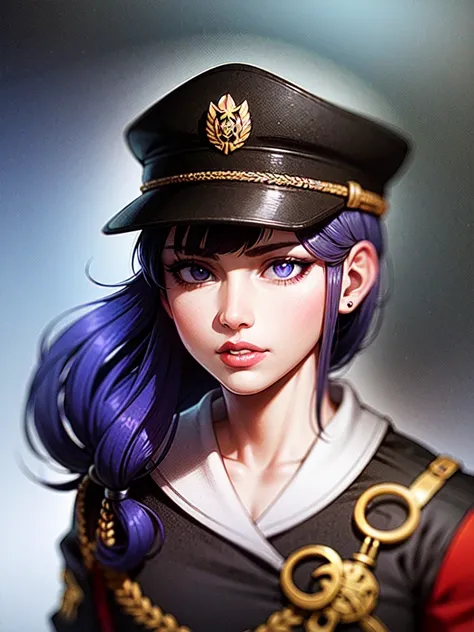 a man with purple hair and purple eyes, wearing a black military officers uniform, officers cap, highly detailed portrait, extremely detailed face, beautiful detailed eyes, beautiful detailed lips, extremely detailed uniform,black military officer uniform,...