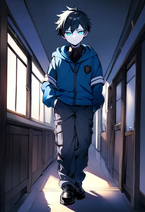 thirteen year old boy, black fur, cyan eyes, pale skin,  blue jacket, lead pants, in a college, whole body