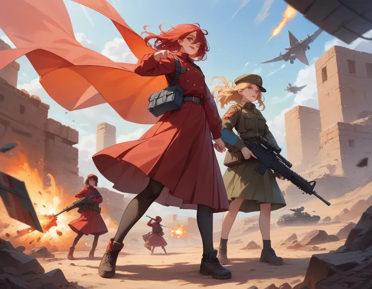 A platoon of girls in bright red military uniforms and long red skirts、A pair of a girl platoon leader and a soldier wearing a red military uniform and a red long skirt and equipped with two assault rifles、desert、A large explosion containing black smoke on...