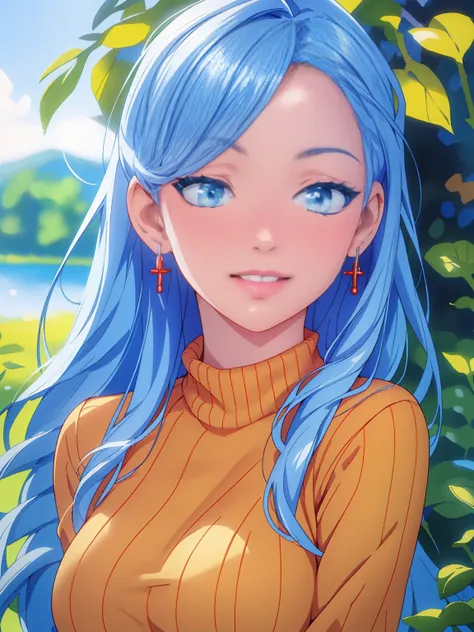 1 girl, bright blue hair, orange sweater, outdoor, long hair, breasts, smile, detailed face, beautiful detailed eyes, beautiful detailed lips, extremely detailed eyes and face, long eyelashes, (best quality, 4k, 8k, highres, masterpiece:1.2), ultra-detaile...