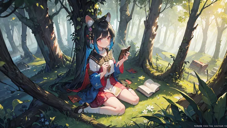 (masterpiece, best quality), (rich and colorful:1.4), from above, Solitary, 1Girl sitting in an ancient forest，Where the trees whisper secrets，Animals speak human language, With a bag of magical forest fruits and a forgotten book of spells, Depth of Field,...