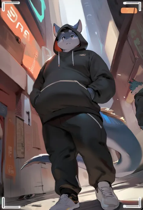 Dragon, male, adult,yaoi, doujin, furry, anthro, fat, cyberpunk fashion style, wearing black Hoodie, Long trousers, sneakers, out camera view, background, In the middle of the city, Modern era, three point perspective, character art style by quanjiang, by ...