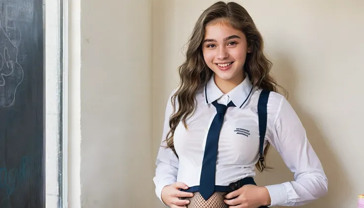 A striking and bold portrait of a 17-year-old girl exuding confidence and allure in her seductive school uniform-inspired outfit. Her partially unbuttoned white shirt shows off a delicate lace bra, and her short skirt accentuates her fishnet stockings. Hol...