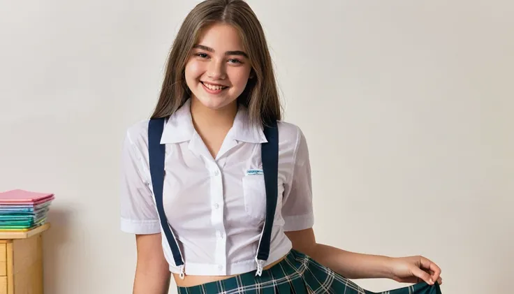 A striking and bold portrait of a 17-year-old girl exuding confidence and allure in her seductive school uniform-inspired outfit. Her partially unbuttoned white shirt shows off a delicate lace bra, and her short skirt accentuates her fishnet stockings. Hol...