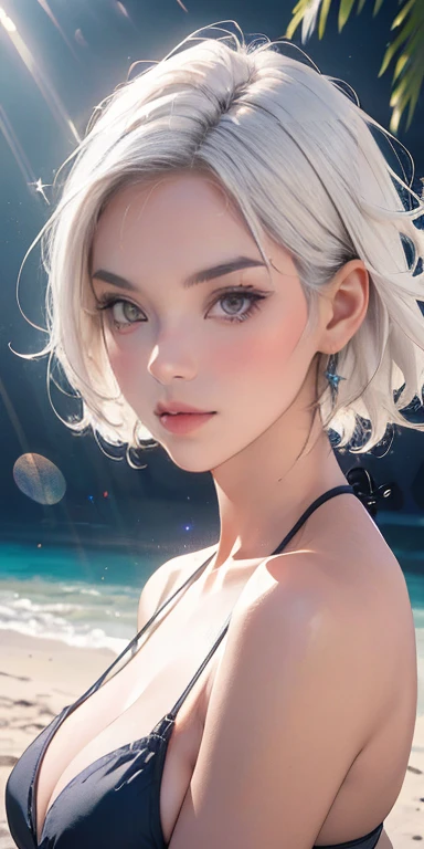 a beautiful girl with white hair and purple eyes, wearing a bikini on the beach, with light particles and rays of light, digital art wallpaper, (best quality,4k,8k,highres,masterpiece:1.2),ultra-detailed,(realistic,photorealistic,photo-realistic:1.37),beau...