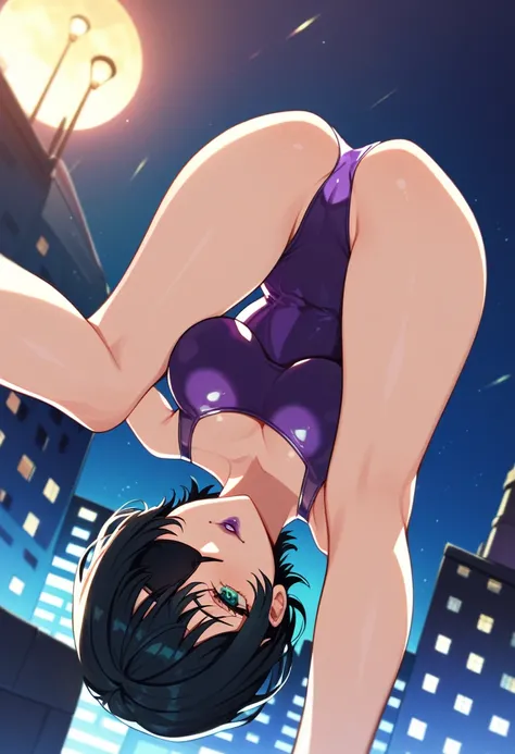 mature female, mature, Adult, himeno, himeno(Chainsaw Man), 1girl, black hair, short hair, eyepatch, Himeno(Chainsaw Man), solo, seductive smile, Villains, latex purple leotard, purple lips, back shot, from front, handstand, upside-down face, dramatic angl...