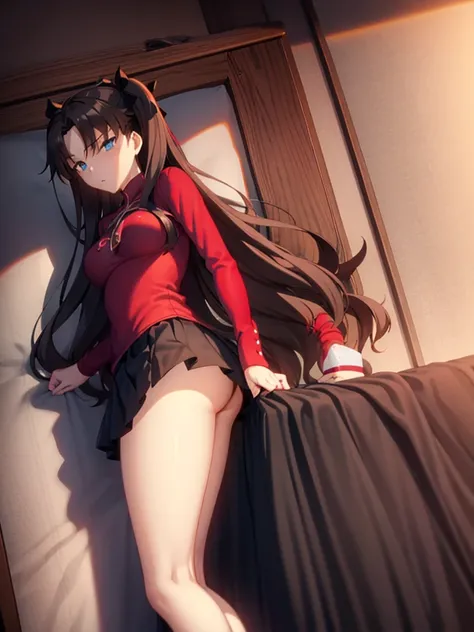 Tohsaka rin, A-line skirt,sexy girl,bed room ,on the bed,Beautiful slender legs,Big breasts,porn