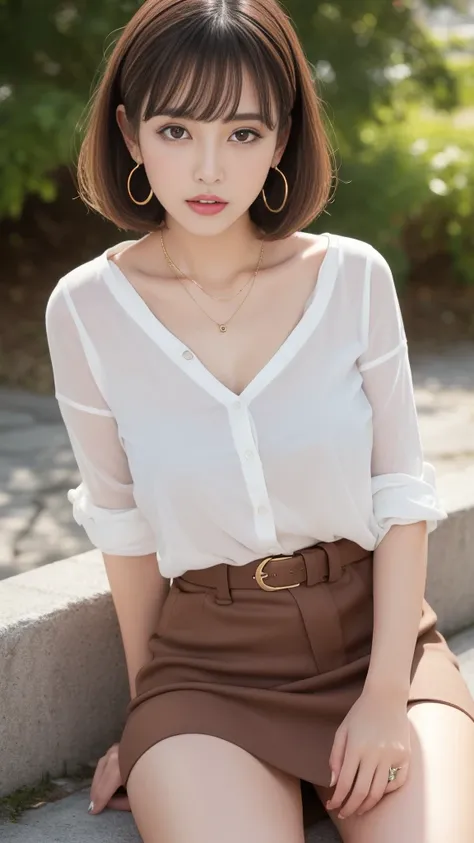 (Highest quality, 8K, masterpiece:1.3), Ultra-high resolution, Highest quality, 1girl, ((Esbian all over:1.5)),  girl, 22 years old, Beautiful woman, short hair, bangs, Brown Hair, Moisturize with sweat, ((Long nipples, shirt:1.0)), belt mini skirt, sittin...