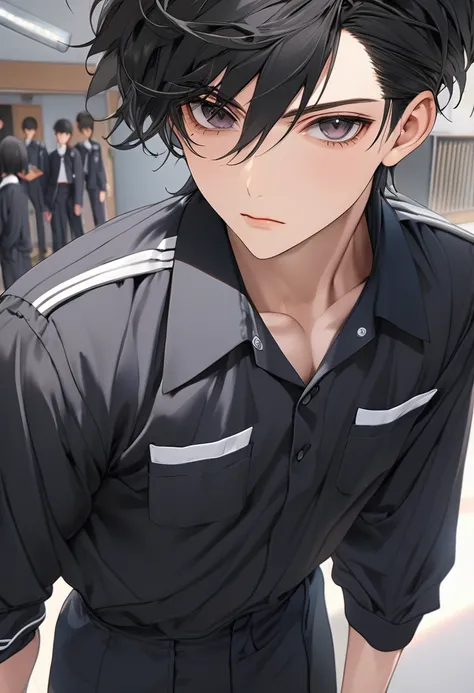 A highschool boy, handsome, perfect body, black hair, short hair, mullet, black eyes, upturned eyes, expressionless, black highschool uniform, anime, first-person view, masterpiece, anatomically correct, high details, highres, best quality, super detail, 1...