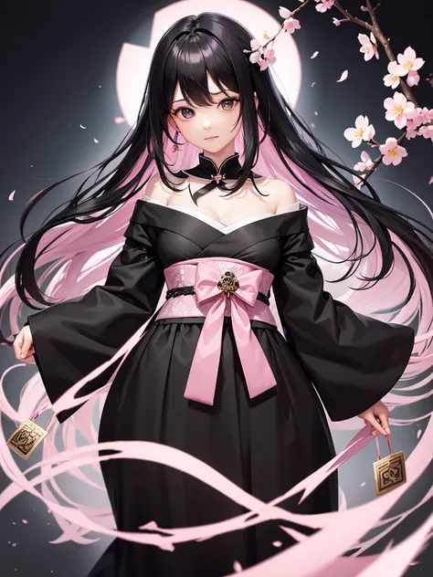 best quality, character design sheet, adult woman、No hat on, Black and pink hair, whole body, Head to Toe, Fortuneteller、Standing facing forward, Beautiful black dress, long Black Hair, Pure white background, from front, best quality, Cherry blossom patter...