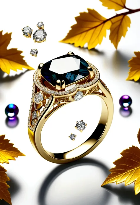 Winter theme, cold, freezing, (ring, Metallic texture, golden ring, diamond, diamond gem, white diamond, engagement ring, beautifull ring, Details, Focus:1.45),Dark trees, ripples,Fill with irregular geometric fluid oil,Splashing nebulae,Flowers,grape tree...