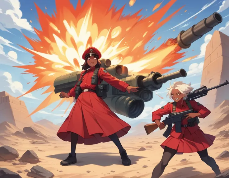 A platoon of girls in bright red military uniforms and long red skirts、A pair of a girl platoon leader and a soldier wearing a red military uniform and a red long skirt and equipped with two assault rifles、desert、Black powder explosion on the ground behind...