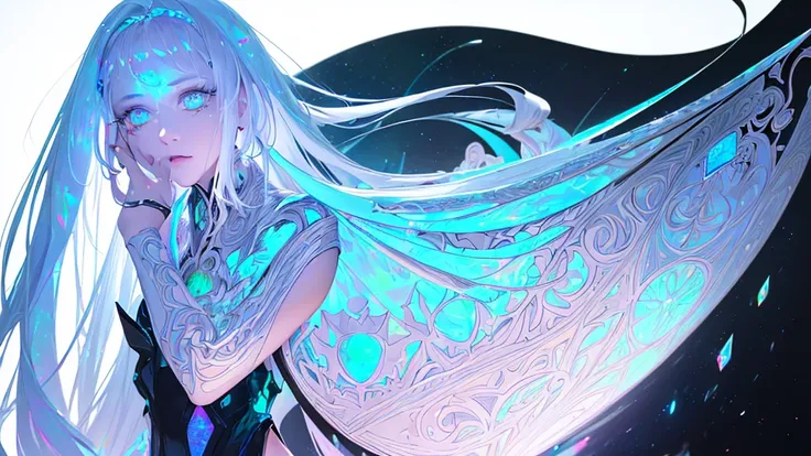 fantasy A girl and dynamic glow reflecting on face long hairs  looking at back half turned  completely white background (illusion) (bioluminescent transparent(((opal knight girl))) ((very long hair)), featuring a (((black silhouette))), intricate details a...