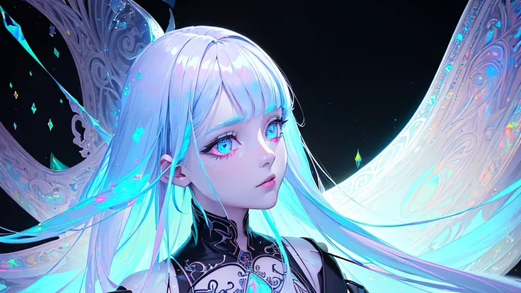 fantasy A girl and dynamic glow reflecting on face long hairs  looking at back half turned  completely white background (illusion) (bioluminescent transparent(((opal knight girl))) ((very long hair)), featuring a (((black silhouette))), intricate details a...