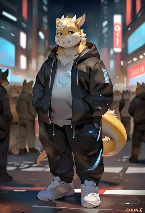 Dragon, male, adult,yaoi, doujin, furry, anthro, fat, cyberpunk fashion style, wearing black Hoodie, Long trousers, sneakers, out camera view, background, In the middle of the city, Modern era, three point perspective, character art style by quanjiang, by ...