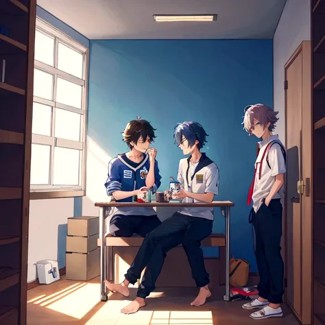 • Panel 2: Kenji is in a college dorm, unpacking your things. A roommate, Takashi, enter and smile friendly. o Takashi: "No, you must be Kenji! Sou Takashi, your new roommate."