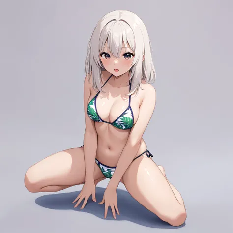 Moriya Suwako kneeling and masturbating with her whole body in a bikini