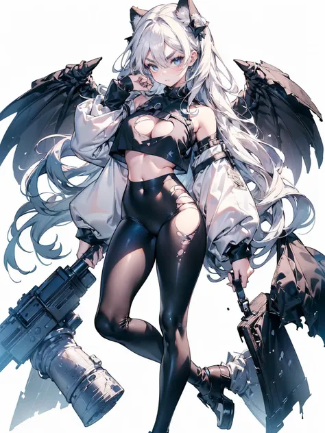 (White Hair Girl), (Thick, dark blue eyebrows:1.4), (Dark blue eyebrows:1.7), (Thick eyebrows:1.3), (Huge black fluffy animal ears:1.1), (Black animal ears:1.1), BREAK, (((Mesh Stitching Crop T-Shirt, Cutout Long Sleeve Top))),BREAK, (Big Breasts:1.2, Thic...