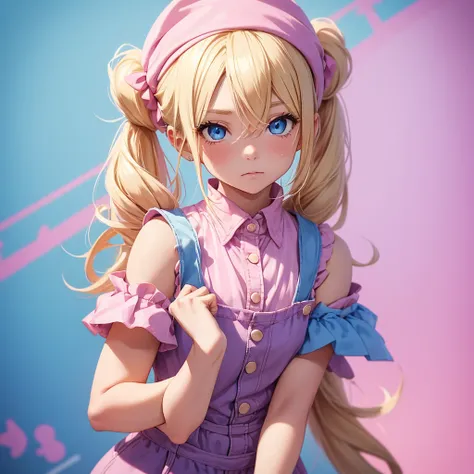 1 adult girl, blue eyes, Blonde, hair in two pigtails, pink vests, pink dress with white overalls, a pink hat on her head, in a calm and sweet environment, photography as for social media profile, Dragon Ball Z style and design, especially in the eyes, pur...